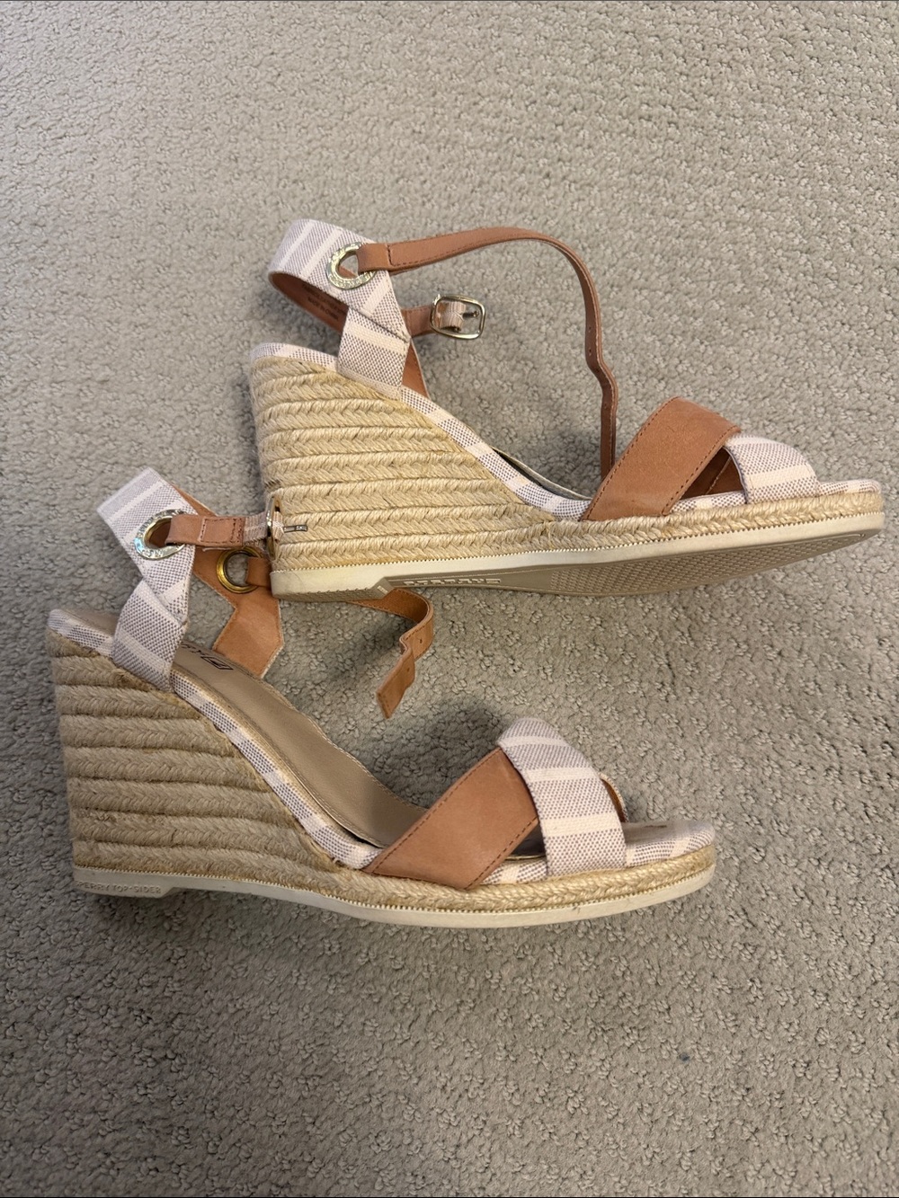Sperry Tan Leather and Cream Striped Espadrille Wedge Sandals